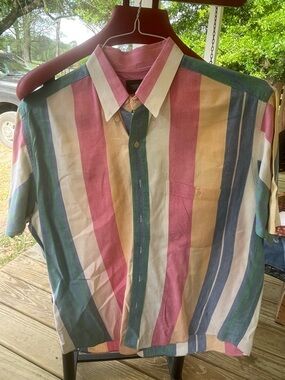 Retro Multicolor Vertical Stripe Short-Sleeve Button-Down Shirt